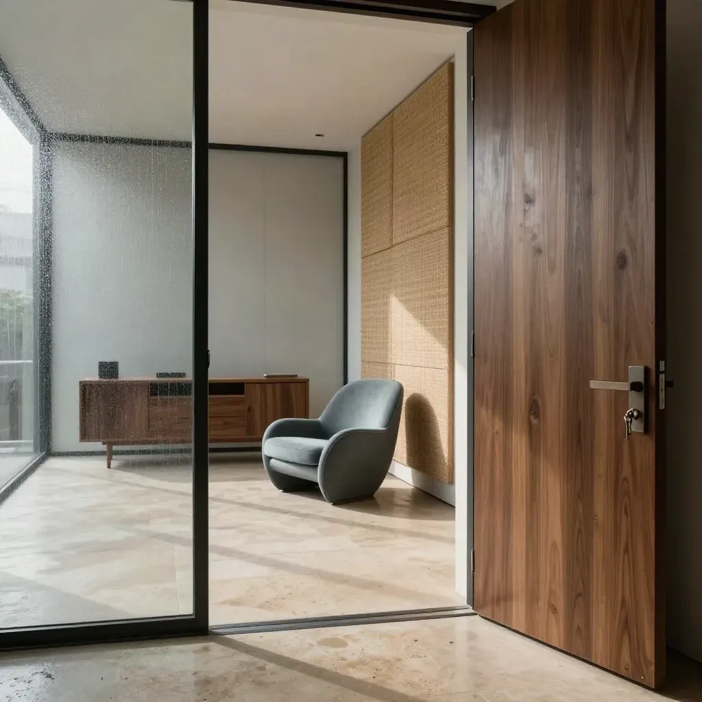 Suite ufficio arredata con vetri, poltrona, sideboard e chiavi alla luce della pioggia.