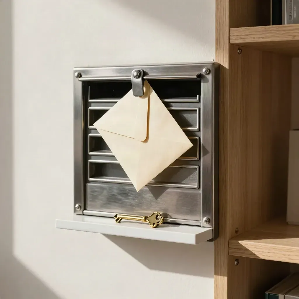 Casellario postale con busta sigillata e chiave in una nicchia di domiciliazione legale.