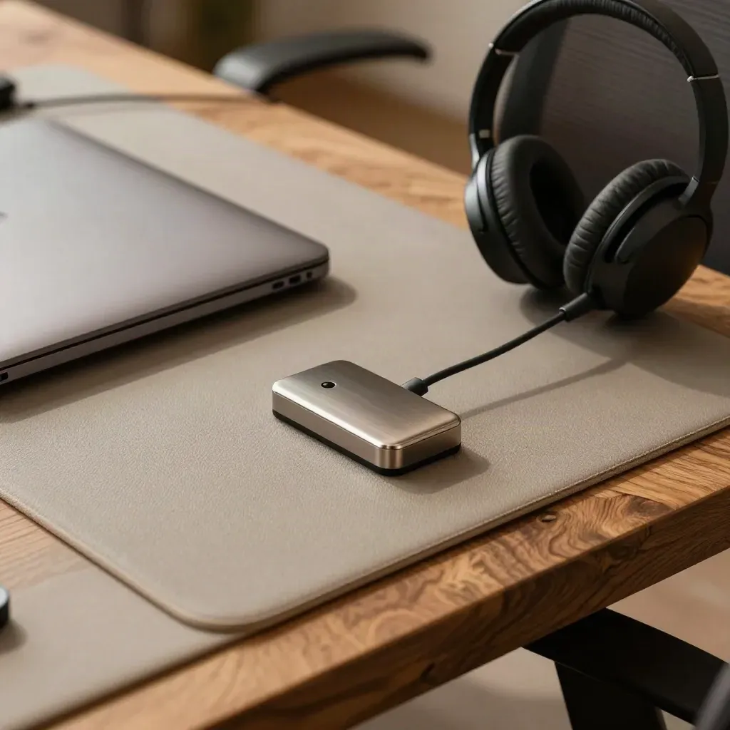 Postazione temporanea pronta con sedia, dock, cuffie e custodia laptop in luce calda.