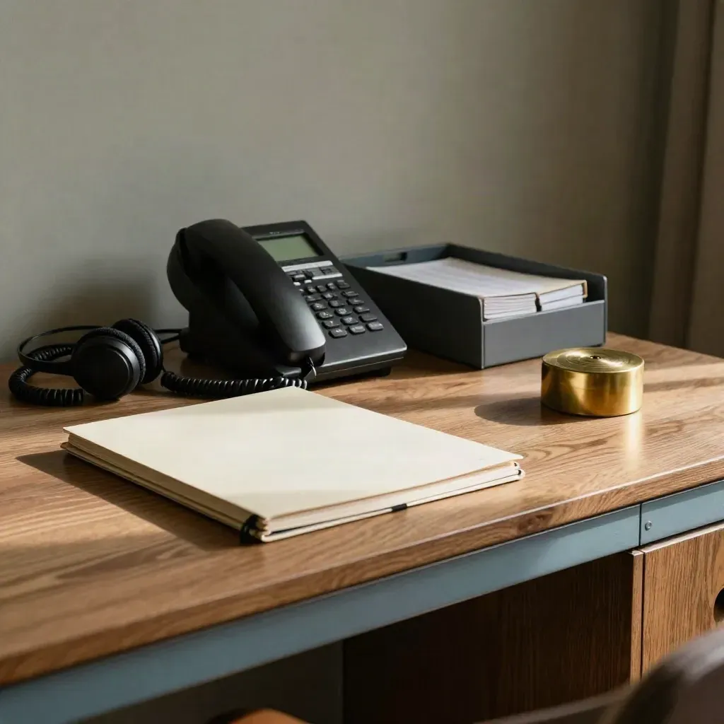 Scrivania operativa con telefono, agenda chiusa, vassoio posta e cuffie.