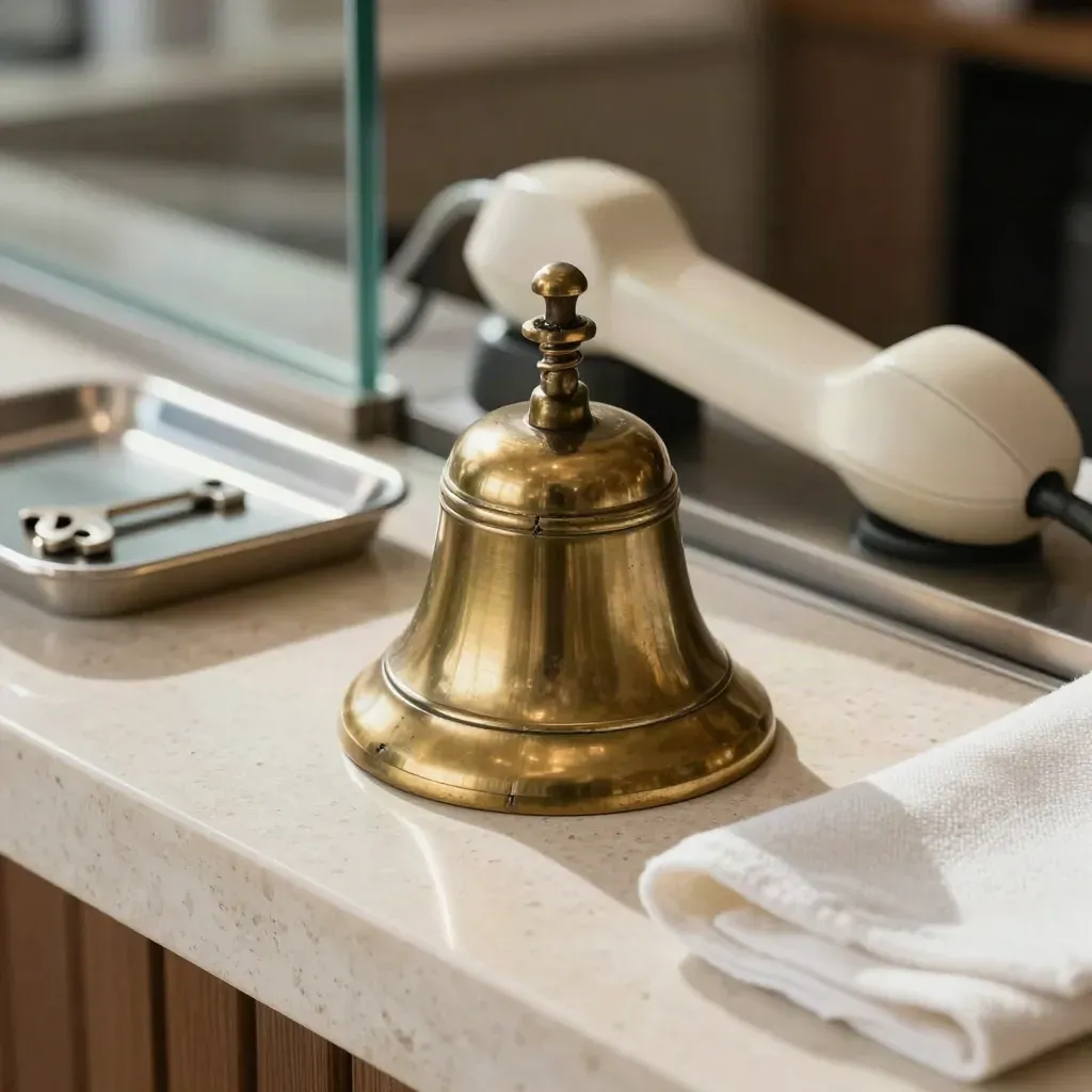 Campanello in ottone, supporto cordless e vassoio chiavi su travertino chiaro, luce morbida.