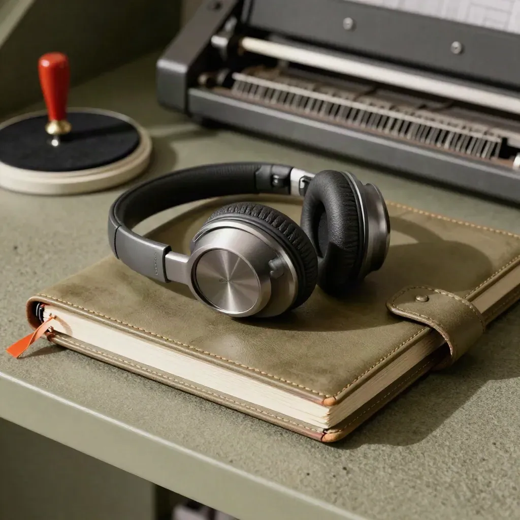 Auricolare wireless, raccoglitore appuntamenti, tampone timbro e vassoio posta in macro ufficio.