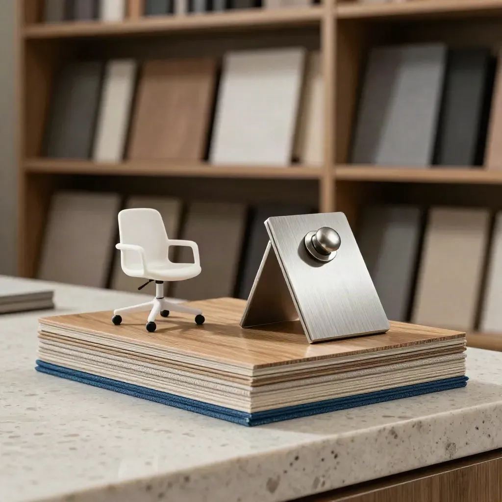 Campioni finiture, mini sedia e ferramenta su plinto travertino, luce drammatica.