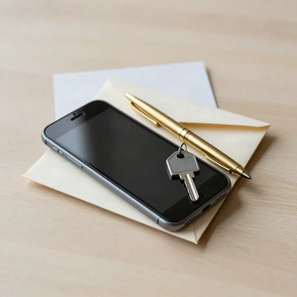Smartphone capovolto, penna in ottone, busta e chiave casa su legno chiaro