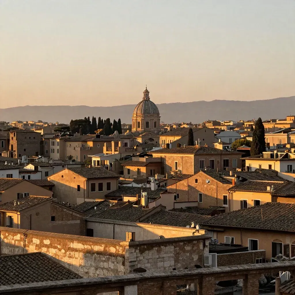 Panorama di Roma al tramonto con cupola pallida e cipressi sopra mura in travertino