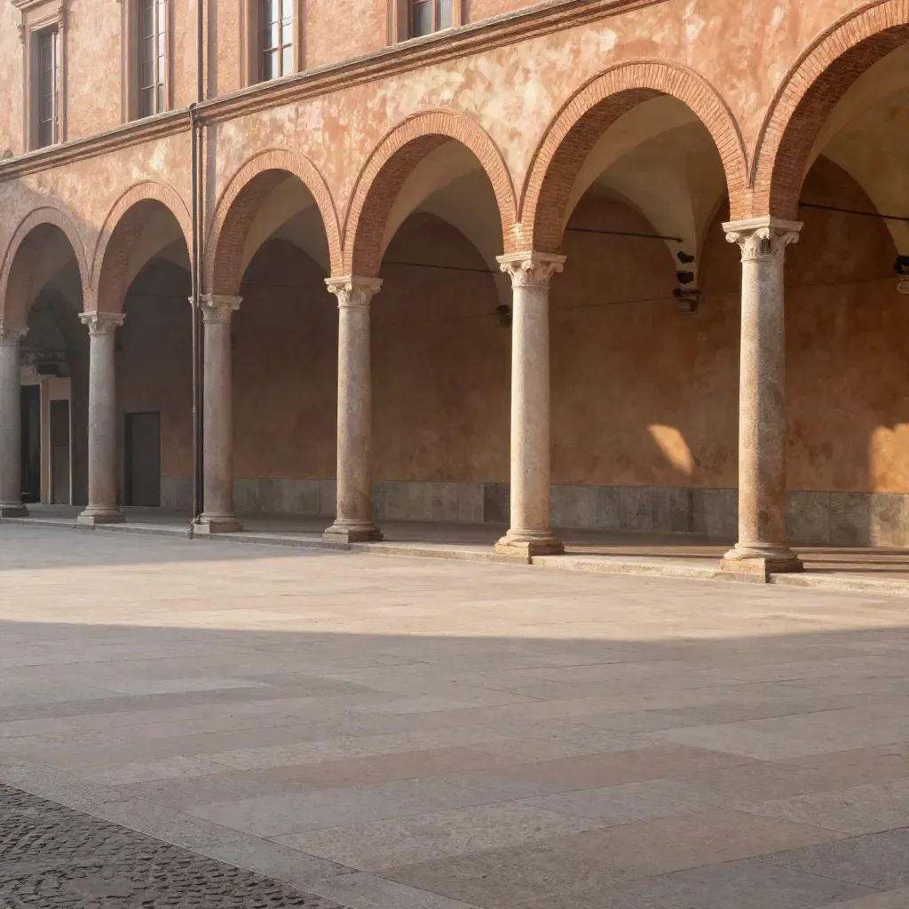 Arcate in terracotta di Bologna sfumate nella luce calda, con spazio vuoto per il testo.